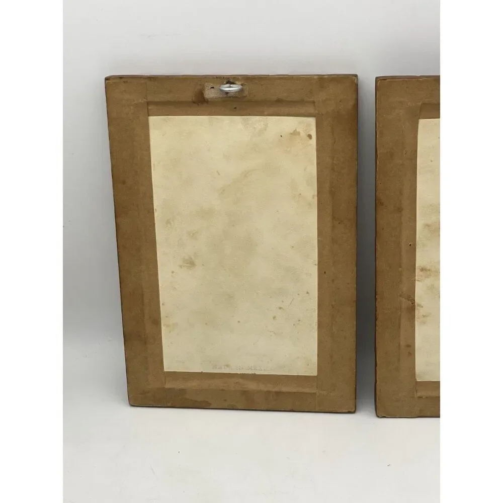 Pair Of Vintage Feather Art Bird Paintings In Carved Wooden Frames
